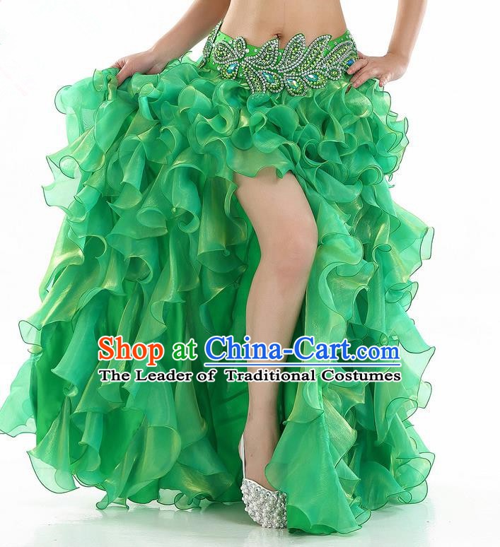 Traditional Indian National Belly Dance Green Bubble Split Skirt India Bollywood Oriental Dance Costume for Women