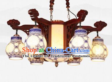 Traditional Chinese Six-Lights Ceiling Wood Palace Lanterns Handmade Porcelain Lantern Ancient Lamp