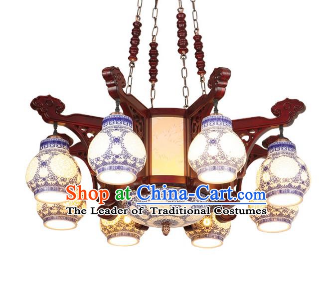 Traditional Chinese Eight-Lights Ceiling Wood Palace Lanterns Handmade Porcelain Lantern Ancient Lamp