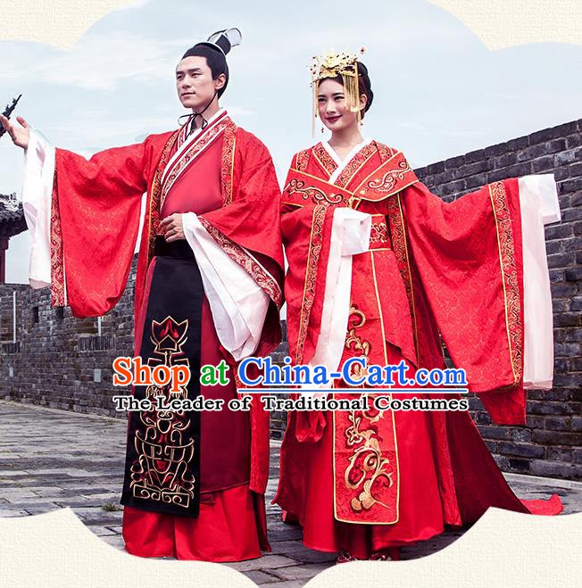 Ancient Chinese Tang Dynasty Wedding Costume Palace Bride and Bridegroom Embroidered Clothing Complete Set