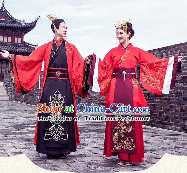 Ancient Chinese Han Dynasty Palace Bride and Bridegroom Embroidered Wedding Costume Complete Set