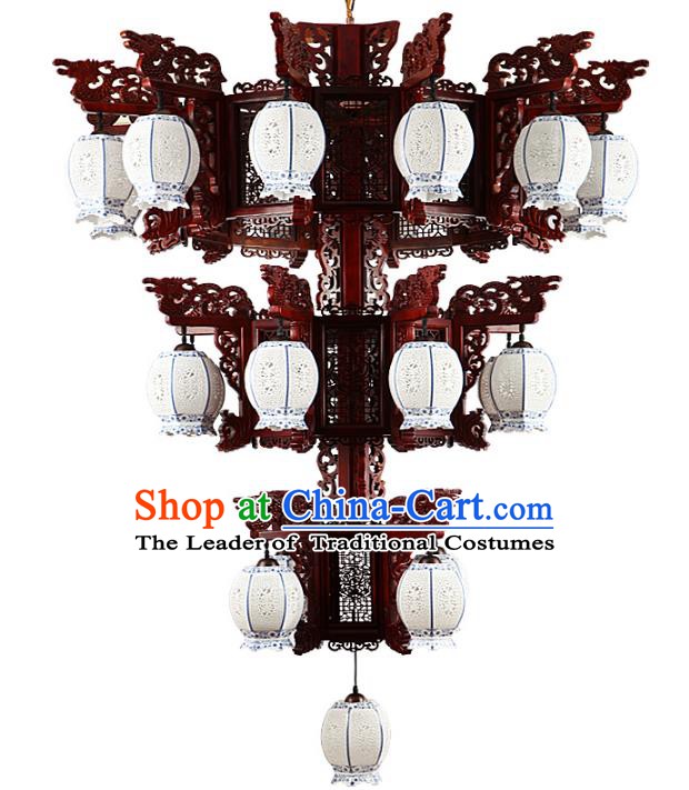 Traditional Chinese Twenty-Five Lights Porcelain Hanging Ceiling Palace Lanterns Handmade Lantern Ancient Lamp