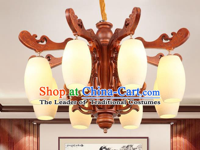 Traditional Chinese Wood Ceiling Lanterns Ancient Handmade Eight-Lights Lantern Ancient Marble Lamp