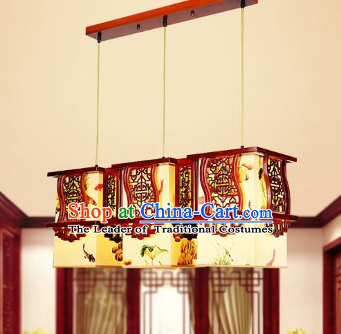 Traditional Chinese Wood Carving Hanging Lanterns Handmade Painting Three-Lights Palace Ceiling Lantern Ancient Lamp