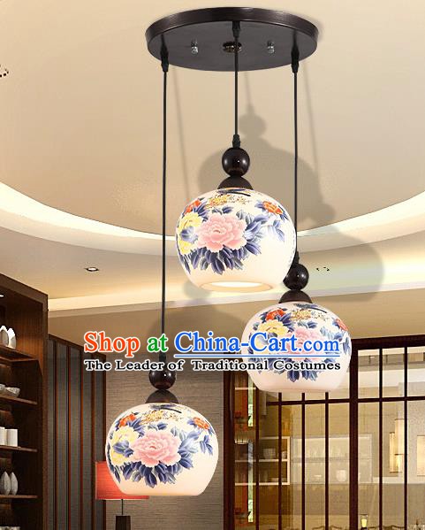 Traditional Chinese Handmade Ceramics Hanging Lantern Asian Painting Peony Ceiling Lanterns Ancient Lantern