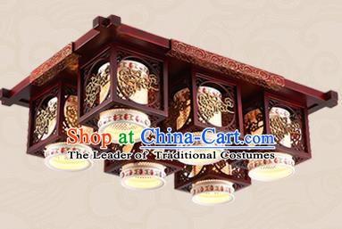 Traditional Chinese Handmade Six-Lights Lantern Asian Wood Carving Ceiling Lanterns Ancient Lantern