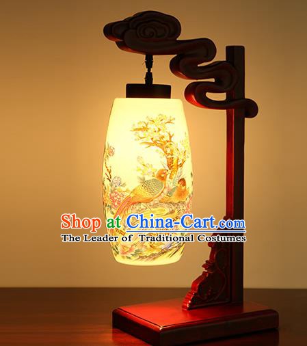 China Handmade Ceramics Desk Lantern Ancient Wood Painting Birds Lanterns Traditional Lamp