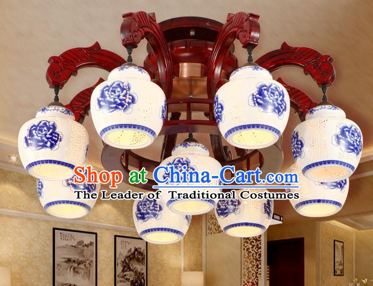 Traditional Chinese Handmade Nine-Pieces Ceiling Lantern Wood Palace Lanterns Ancient Lamp