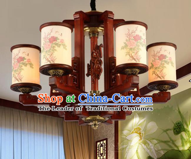 Traditional Chinese Handmade Painting Peony Wood Lantern Six-Lights Palace Lantern Ancient Ceiling Lanterns