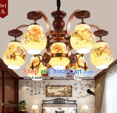 Traditional Chinese Handmade Painting Peony Lantern Seven-Lights Palace Lantern Ancient Ceiling Lanterns