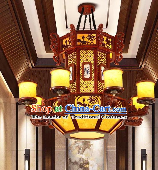 Traditional Chinese Handmade Ceiling Lantern Carving Lotus Hanging Palace Lanterns Ancient Lamp