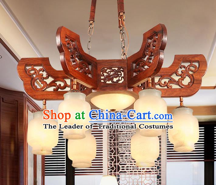 Traditional Chinese Handmade Wood Marble Ceiling Lantern Six-Lights Palace Lanterns Ancient Lamp