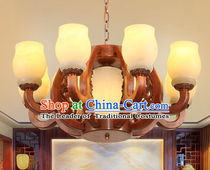 Traditional Chinese Handmade Rosewood Marble Ceiling Lantern Eight-Lights Palace Lanterns Ancient Lamp