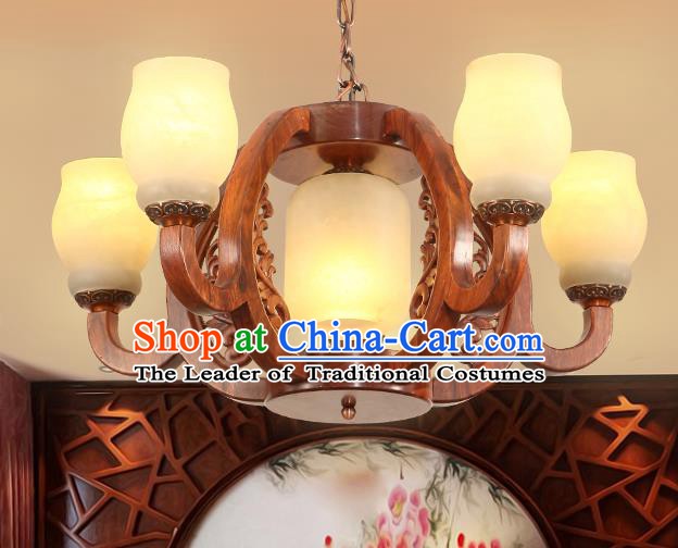Traditional Chinese Handmade Rosewood Marble Ceiling Lantern Five-Lights Palace Lanterns Ancient Lamp