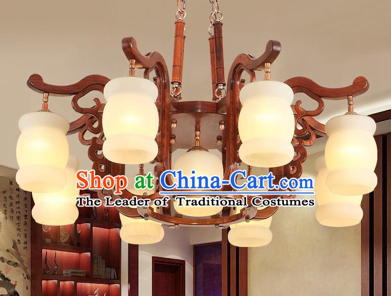 Traditional Chinese Handmade Rosewood Marble Ceiling Lantern Nine-Lights Palace Lanterns Ancient Lamp