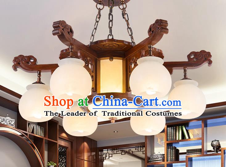Traditional Chinese Handmade Marble Ceiling Lantern Wood Six-Pieces Palace Lanterns Ancient Lamp