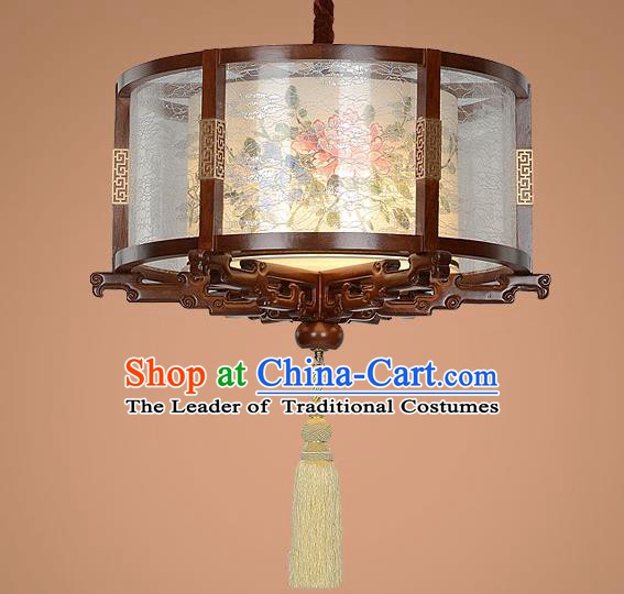 Traditional Chinese Handmade Palace Lantern Wood Hanging Lanterns Ancient Painting Peony Lamp