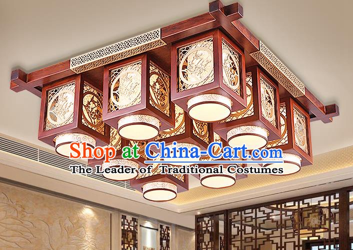 Traditional Chinese Handmade Palace Lantern Wood Carving Plum Blossom Nine-Lights Ceiling Lanterns Ancient Lamp