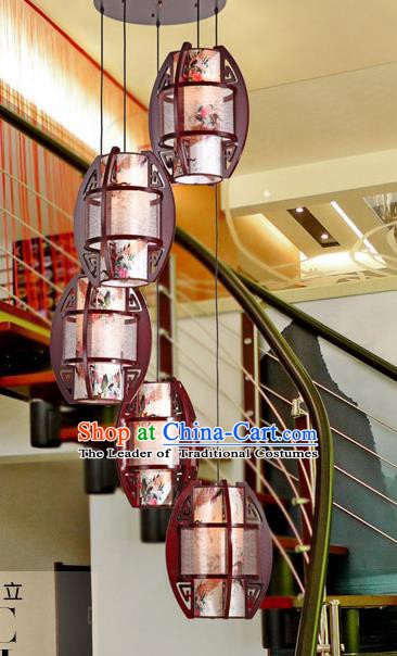 Traditional Chinese Handmade Palace Lantern Painted Five-Lights Hanging Lanterns Ancient Wood Lamp
