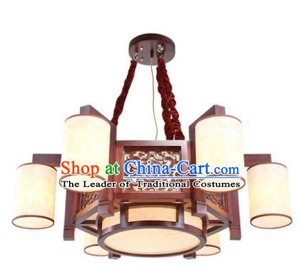 Traditional Chinese Handmade Palace Lantern Six-Lights Lanterns Ancient Wood Hanging Lamp
