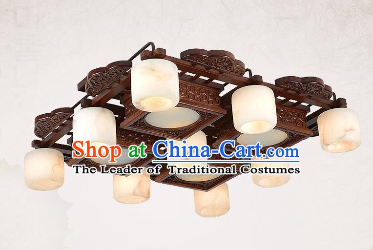 Traditional Chinese Wood Palace Lantern Handmade Nine-Lights Marble Ceiling Lanterns Ancient Lamp