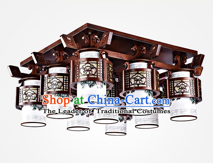 Traditional Chinese Painted Nine-Lights Palace Lantern Handmade Wood Ceiling Lanterns Ancient Lamp