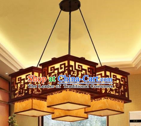Traditional Chinese Parchment Palace Lantern Handmade Four-Lights Wood Ceiling Lanterns Ancient Lamp