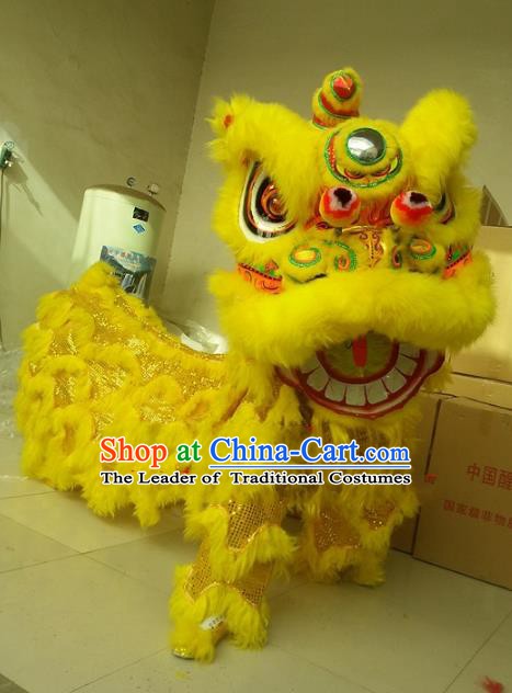 Chinese Traditional Yellow Wool Lion Dance Costumes Professional Celebration Parade Lion Head Complete Set