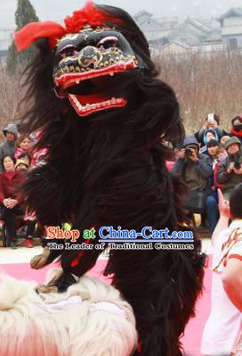 Chinese Traditional Parade Black Long Wool Lion Head Professional Lion Dance Costumes Complete Set