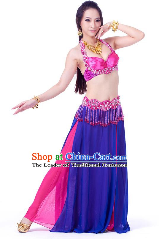 Traditional Indian Belly Dance Blue and Rosy Dress India Oriental Dance Clothing for Women