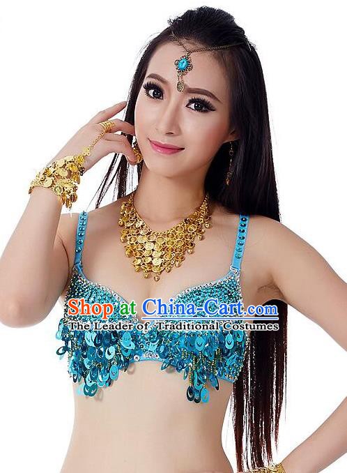 Indian Bollywood Belly Dance Blue Sequin Brassiere Asian India Oriental Dance Costume for Women