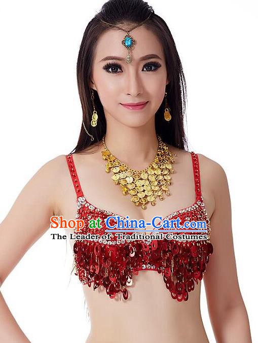 Indian Bollywood Belly Dance Red Sequin Brassiere Asian India Oriental Dance Costume for Women