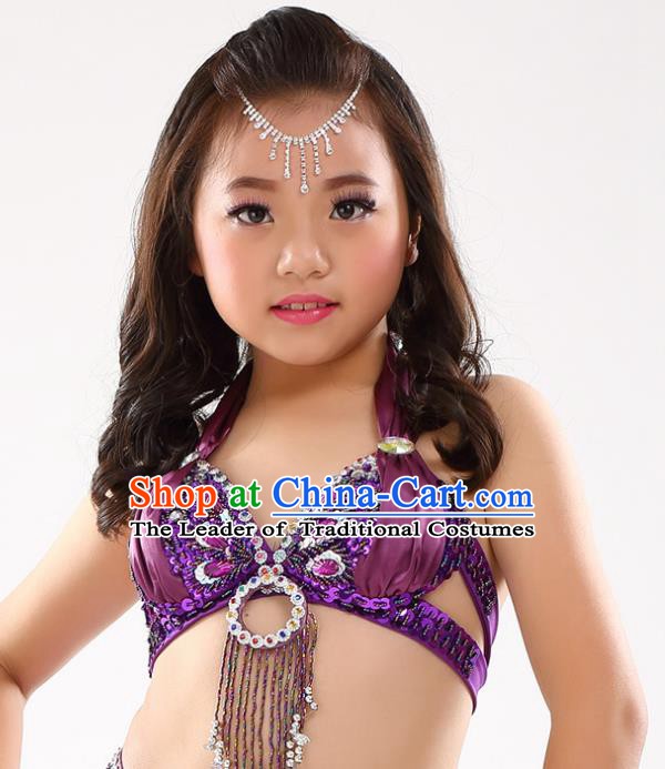 Indian Belly Dance Purple Brassiere Asian India Oriental Dance Costume for Kids