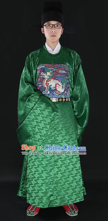 Chinese Ming Dynasty Court Censor Costumes Ancient Chancellor Embroidered Haechi Green Robe for Men