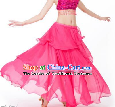 Indian Belly Dance Stage Performance Costume, India Oriental Dance Rosy Spiral Skirt for Women
