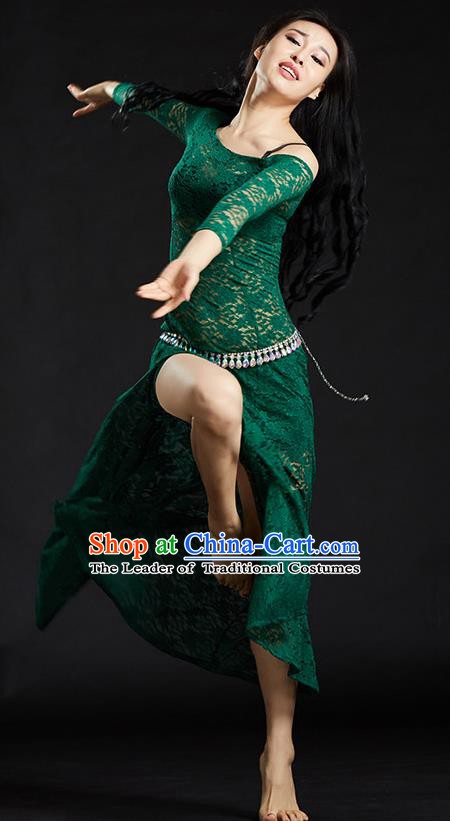 Asian Indian Traditional Costume Belly Dance Stage Performance Green Lace Dress for Women