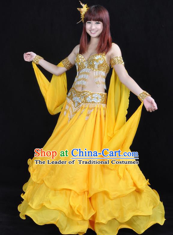 Asian Indian Traditional Oriental Dance Yellow Dress Belly Dance Stage Performance Costume for Women