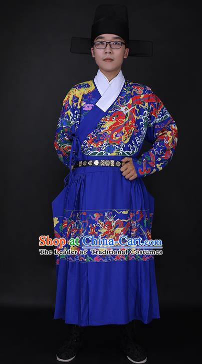 Ancient Chinese Imperial Bodyguard Blue Robe Costume Ming Dynasty Swordsman Clothing for Men
