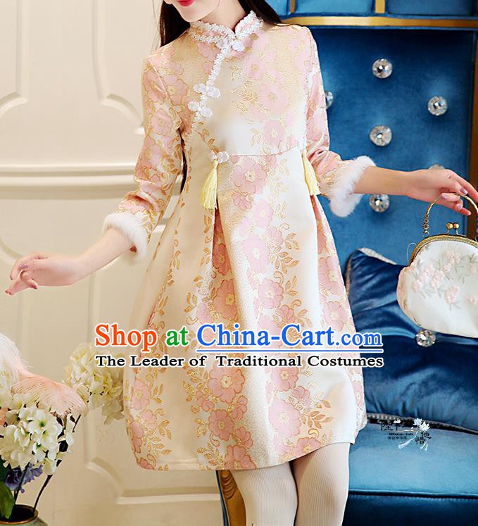 Traditional Chinese National Costume Pink Wool Dress Tangsuit Embroidered Cheongsam Clothing for Women