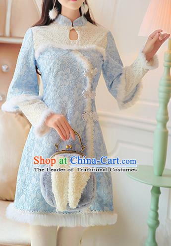 Traditional Chinese National Embroidered Blue Qipao Dress Costume Tangsuit Cheongsam Clothing for Women