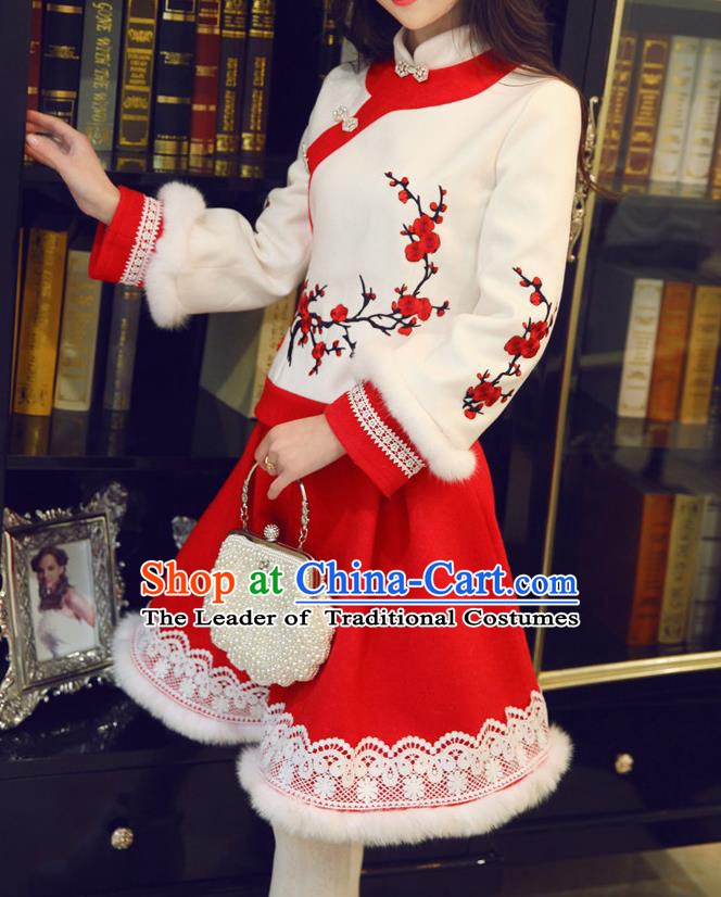 Traditional Chinese National Wool Cheongsam Costume Tangsuit Embroidered Blouse and Red Skirt for Women