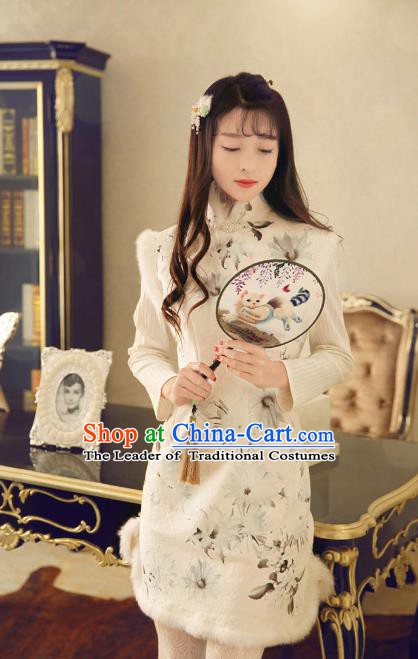 Traditional Chinese National Costume Wool Cheongsam Tangsuit Embroidered Vests Dress for Women