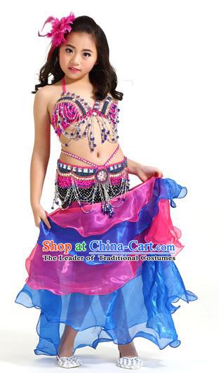Asian Indian Children Belly Dance Rosy and Blue Dress Stage Performance Oriental Dance Clothing for Kids