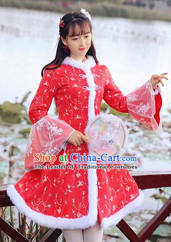 Chinese National Tangsuit Embroidered Red Qipao Dress Cheongsam Clothing for Women