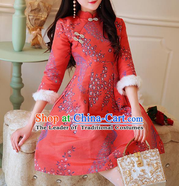 Chinese National Tangsuit Red Qipao Dress Printing Cheongsam Clothing for Women