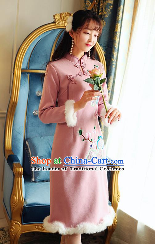 Chinese National Tangsuit Pink Wool Qipao Dress Embroidered Cheongsam Clothing for Women