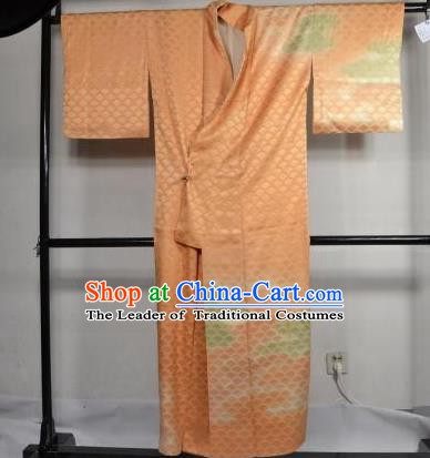 Japan Traditional Kimonos Costume Orange Satin Yukata Dress Japanese Furisode Kimono for Women