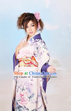 Traditional Asian Japan Wedding Costume Japanese Apparel Purple Yukata Dress Furisode Kimono for Women
