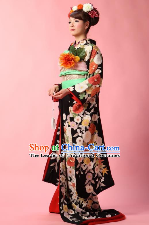 Traditional Asian Japan Geisha Costume Japanese Black Yukata Dress Furisode Kimono for Women