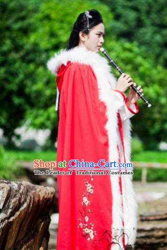 Chinese Ancient Ming Dynasty Princess Embroidered Plum Blossom Mantle Costume Red Long Cloak for Women
